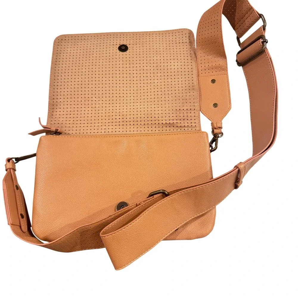 Disney Flair Collection Perforated Crossbody Tan Mickey Mouse Accent Wide Strap‎